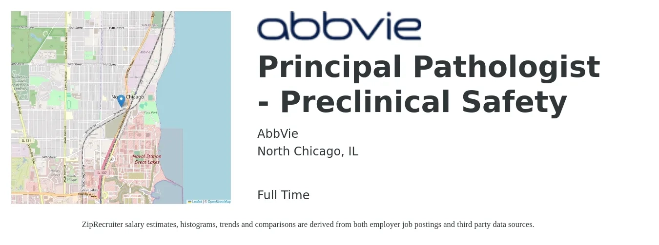AbbVie job posting for a Principal Pathologist - Preclinical Safety in North Chicago, IL with a salary of $81,800 to $120,200 Yearly with a map of North Chicago location.