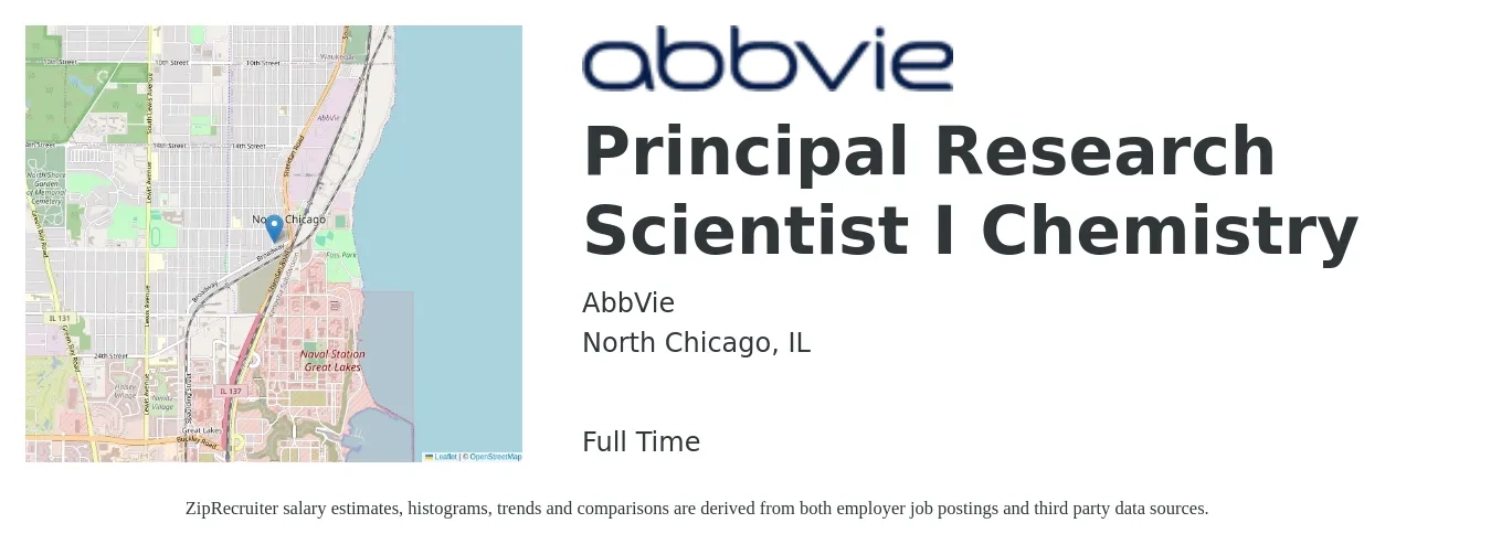 AbbVie job posting for a Principal Research Scientist I Chemistry in North Chicago, IL with a salary of $113,000 to $162,500 Yearly with a map of North Chicago location.
