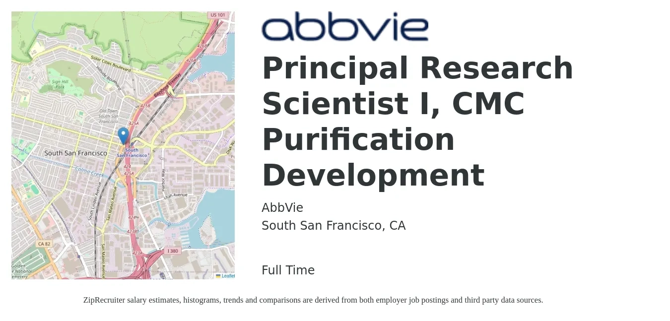 AbbVie job posting for a Principal Research Scientist I, CMC Purification Development in South San Francisco, CA with a salary of $141,200 to $203,100 Yearly with a map of South San Francisco location.