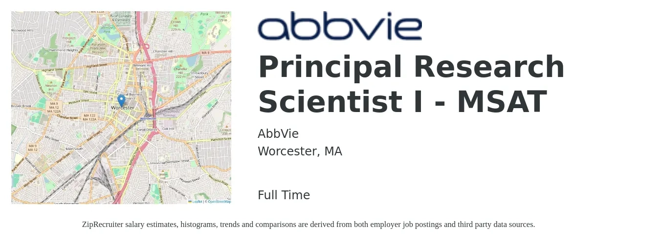 AbbVie job posting for a Principal Research Scientist I - MSAT in Worcester, MA with a salary of $117,200 to $168,600 Yearly with a map of Worcester location.