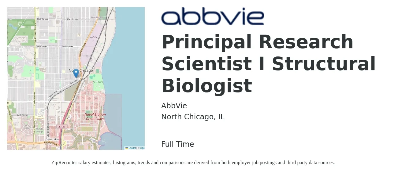 AbbVie job posting for a Principal Research Scientist I Structural Biologist in North Chicago, IL with a salary of $67,300 to $98,600 Yearly with a map of North Chicago location.