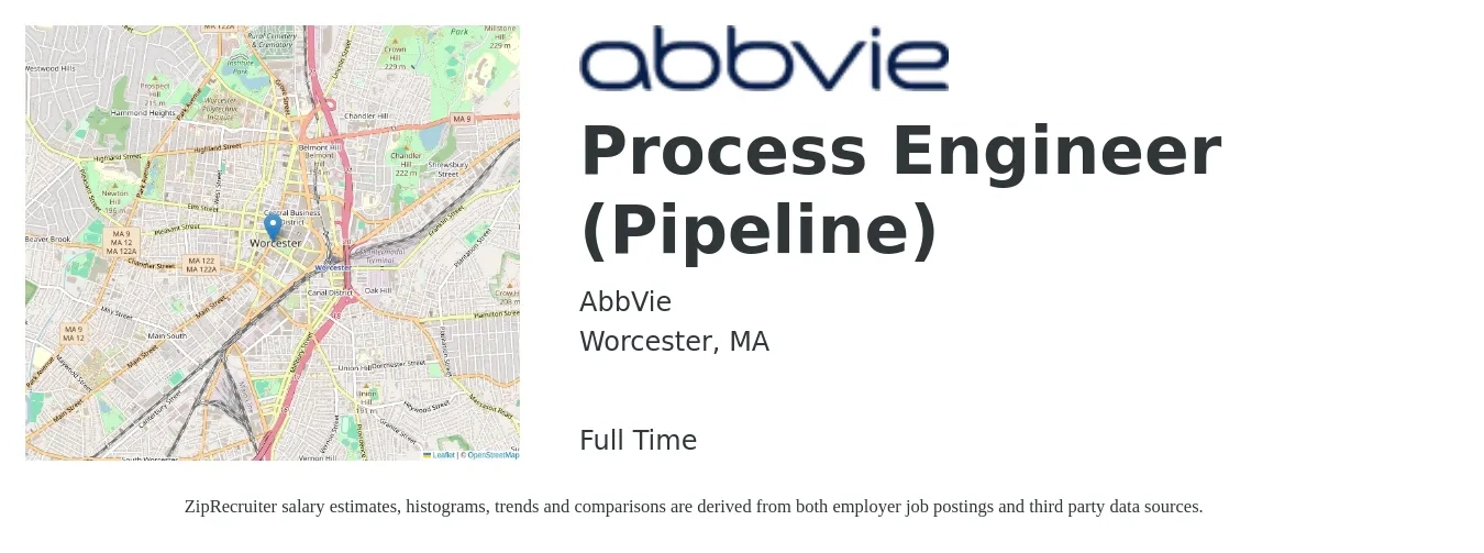 AbbVie job posting for a Process Engineer (Pipeline) in Worcester, MA with a salary of $74,300 to $102,800 Yearly with a map of Worcester location.