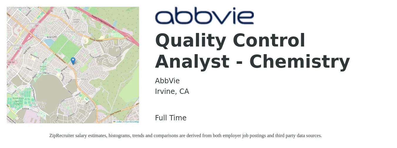 AbbVie job posting for a Quality Control Analyst - Chemistry in Irvine, CA with a salary of $29 to $41 Hourly with a map of Irvine location.