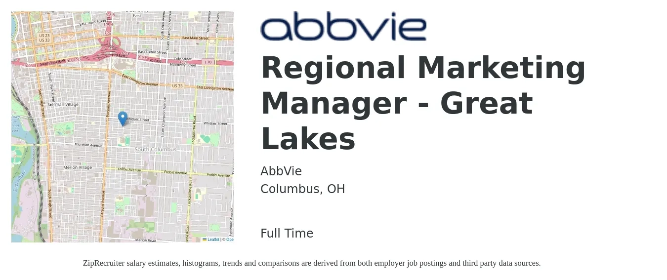 AbbVie job posting for a Regional Marketing Manager - Great Lakes in Columbus, OH with a salary of $49,700 to $81,600 Yearly with a map of Columbus location.