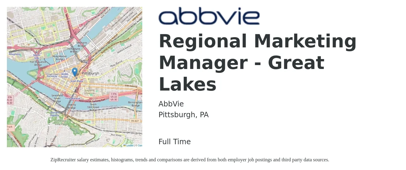 AbbVie job posting for a Regional Marketing Manager - Great Lakes in Pittsburgh, PA with a salary of $50,000 to $82,000 Yearly with a map of Pittsburgh location.
