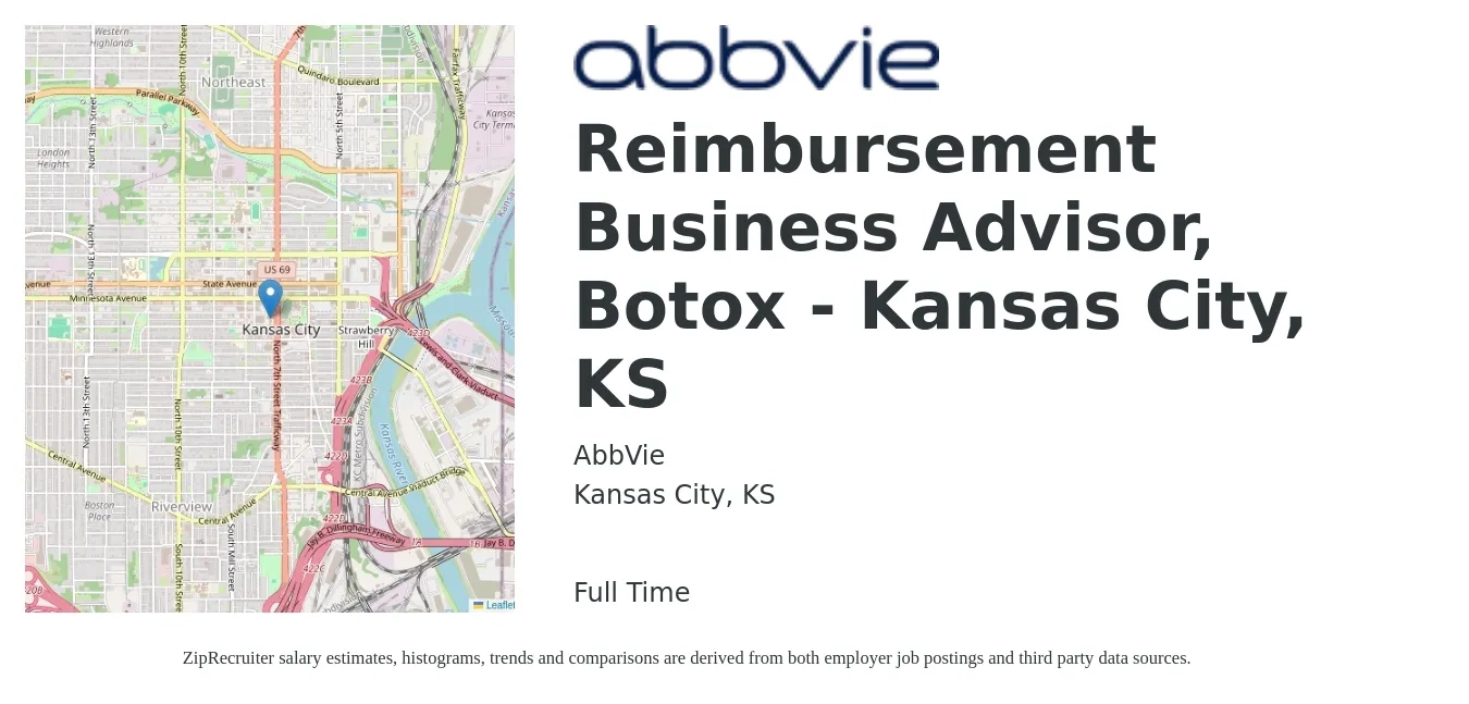 AbbVie job posting for a Reimbursement Business Advisor, Botox - Kansas City, KS in Kansas City, KS with a salary of $50,100 to $82,900 Yearly with a map of Kansas City location.