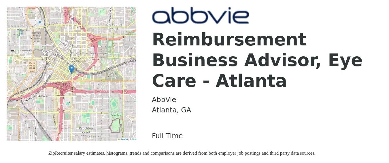 AbbVie job posting for a Reimbursement Business Advisor, Eye Care - Atlanta in Atlanta, GA with a salary of $76,000 to $103,900 Yearly with a map of Atlanta location.