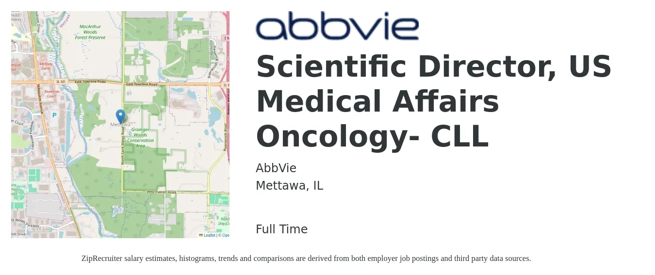 AbbVie job posting for a Scientific Director, US Medical Affairs Oncology- CLL in Mettawa, IL with a salary of $155,700 to $233,000 Yearly with a map of Mettawa location.