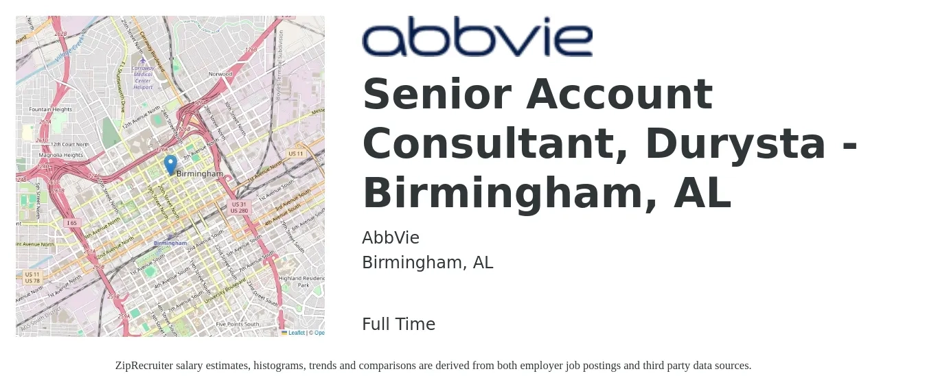 AbbVie job posting for a Senior Account Consultant, Durysta - Birmingham, AL in Birmingham, AL with a salary of $72,600 to $114,300 Yearly with a map of Birmingham location.