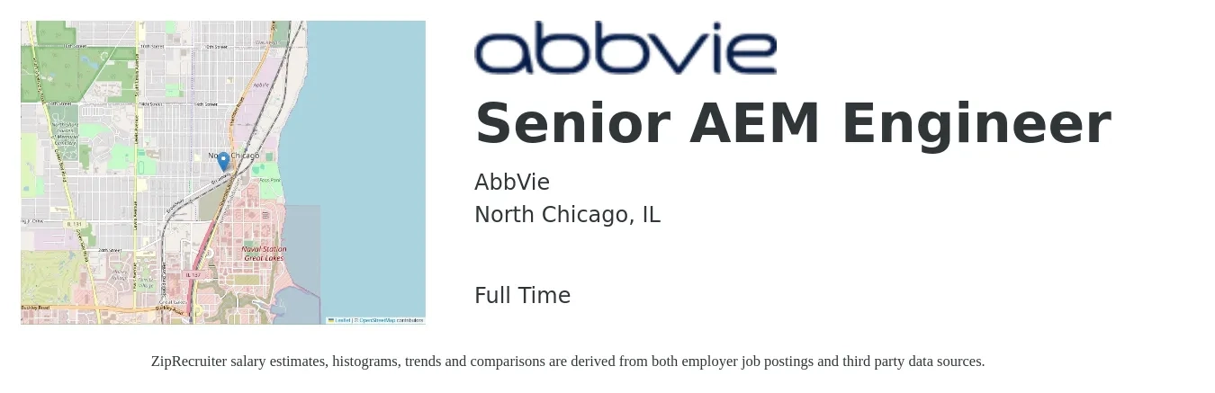 AbbVie job posting for a Senior AEM Engineer in North Chicago, IL with a salary of $100,500 to $138,000 Yearly with a map of North Chicago location.