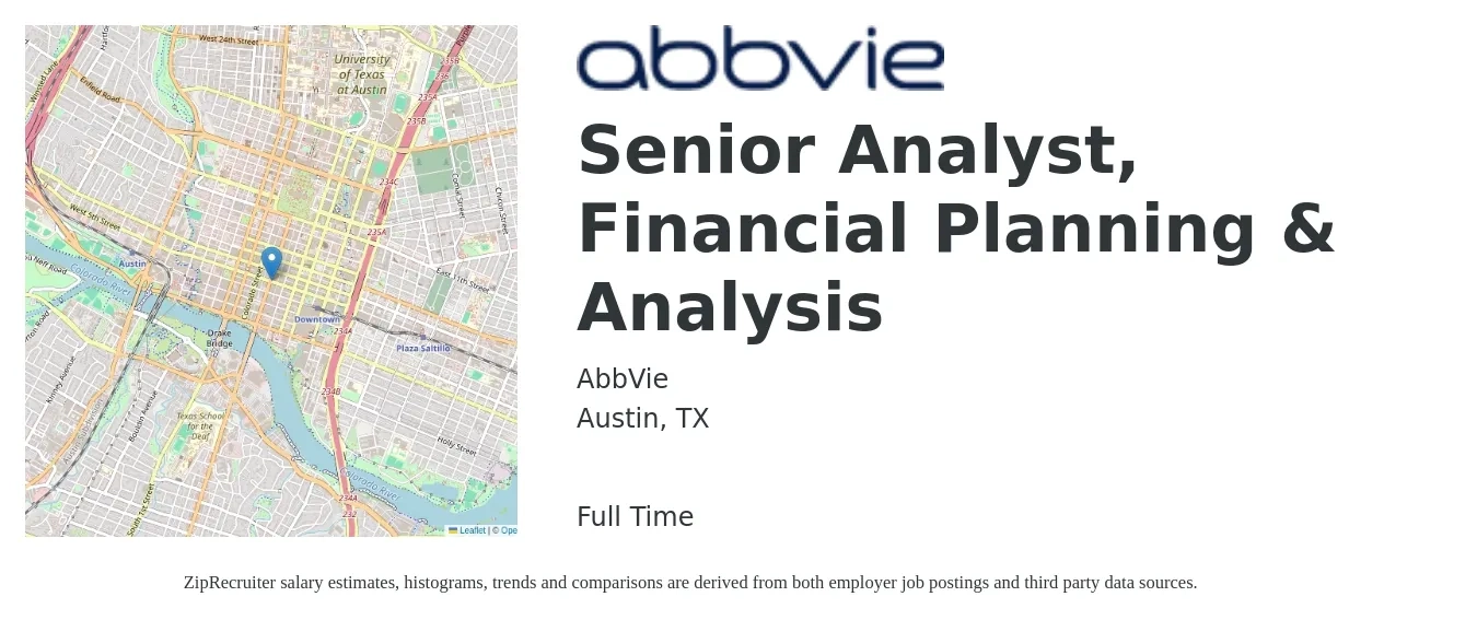 AbbVie job posting for a Senior Analyst, Financial Planning & Analysis in Austin, TX with a salary of $84,700 to $105,600 Yearly with a map of Austin location.