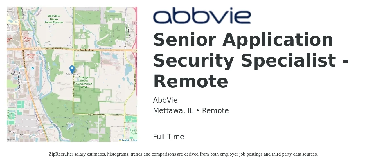 AbbVie job posting for a Senior Application Security Specialist - Remote in Mettawa, IL with a salary of $26 to $70 Hourly with a map of Mettawa location.