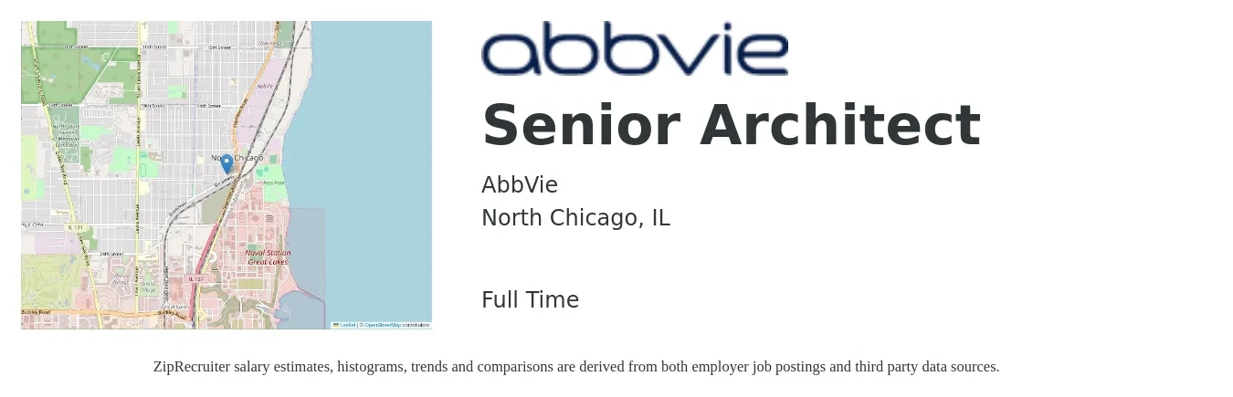 AbbVie job posting for a Senior Architect in North Chicago, IL with a salary of $95,700 to $136,100 Yearly with a map of North Chicago location.