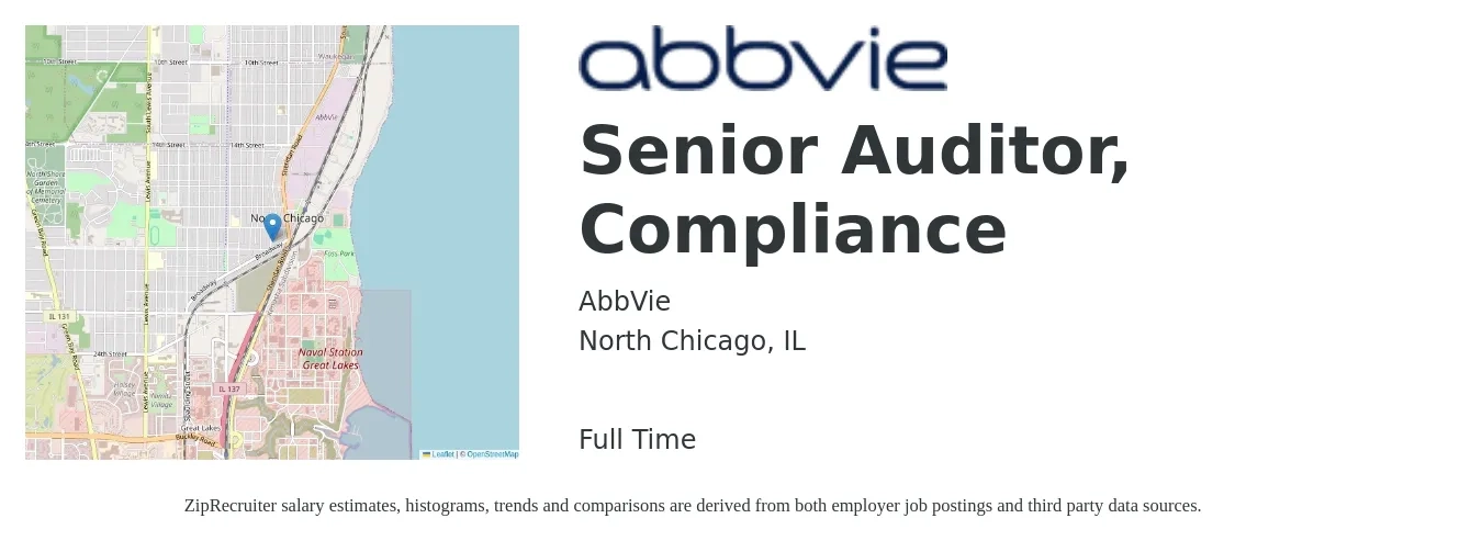 AbbVie job posting for a Senior Auditor, Compliance in North Chicago, IL with a salary of $81,300 to $101,000 Yearly with a map of North Chicago location.