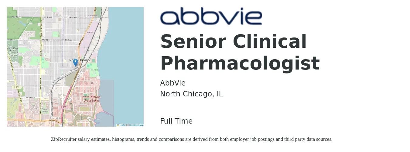 AbbVie job posting for a Senior Clinical Pharmacologist in North Chicago, IL with a salary of $53 to $79 Hourly with a map of North Chicago location.