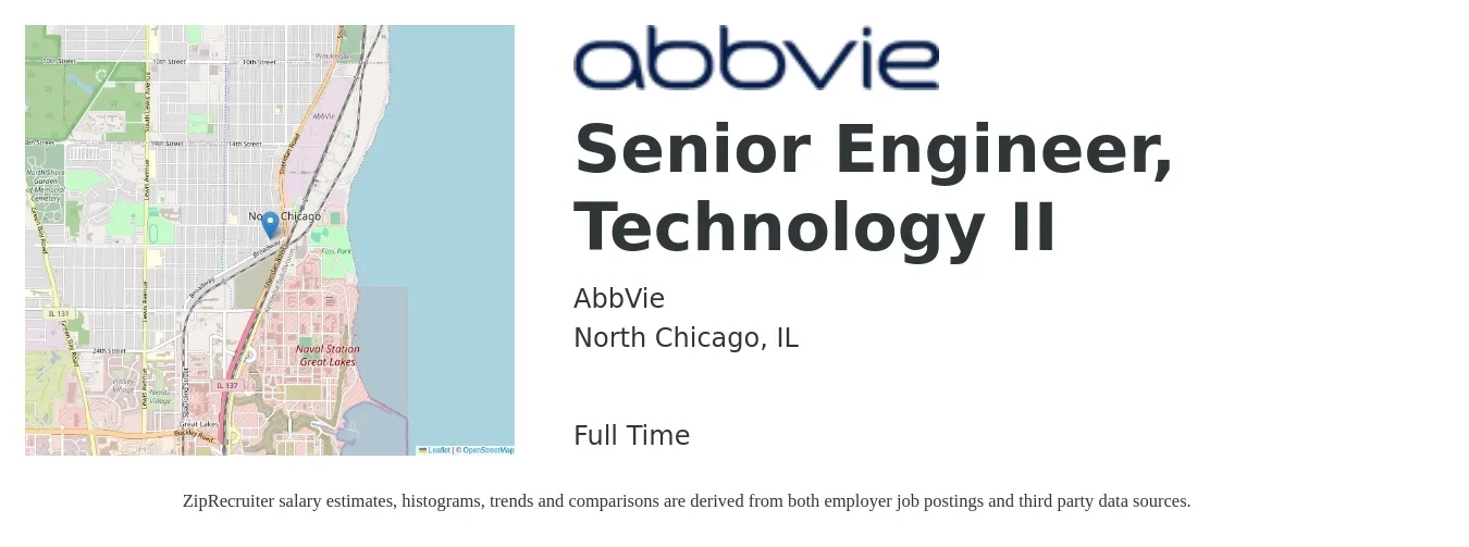 AbbVie job posting for a Senior Engineer, Technology II in North Chicago, IL with a salary of $100,500 to $138,000 Yearly with a map of North Chicago location.