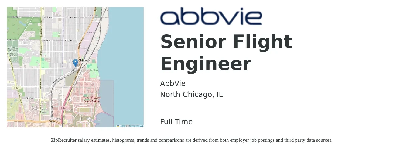 AbbVie job posting for a Senior Flight Engineer in North Chicago, IL with a salary of $100,500 to $138,000 Yearly with a map of North Chicago location.