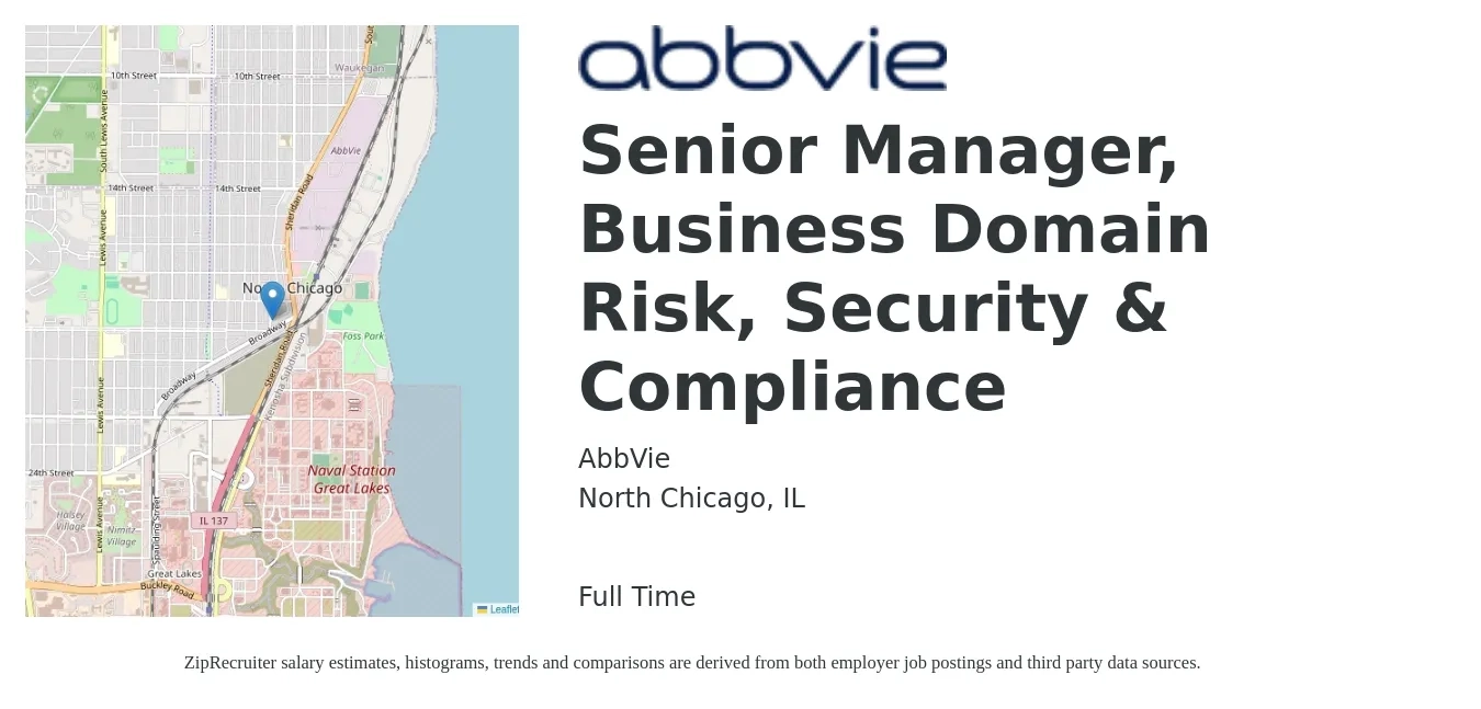 AbbVie job posting for a Senior Manager, Business Domain Risk, Security & Compliance in North Chicago, IL with a salary of $97,100 to $147,200 Yearly with a map of North Chicago location.