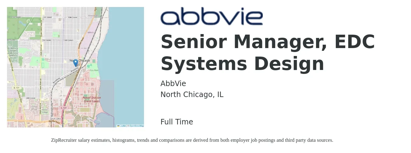 AbbVie job posting for a Senior Manager, EDC Systems Design in North Chicago, IL with a salary of $163,360 to $223,500 Yearly with a map of North Chicago location.