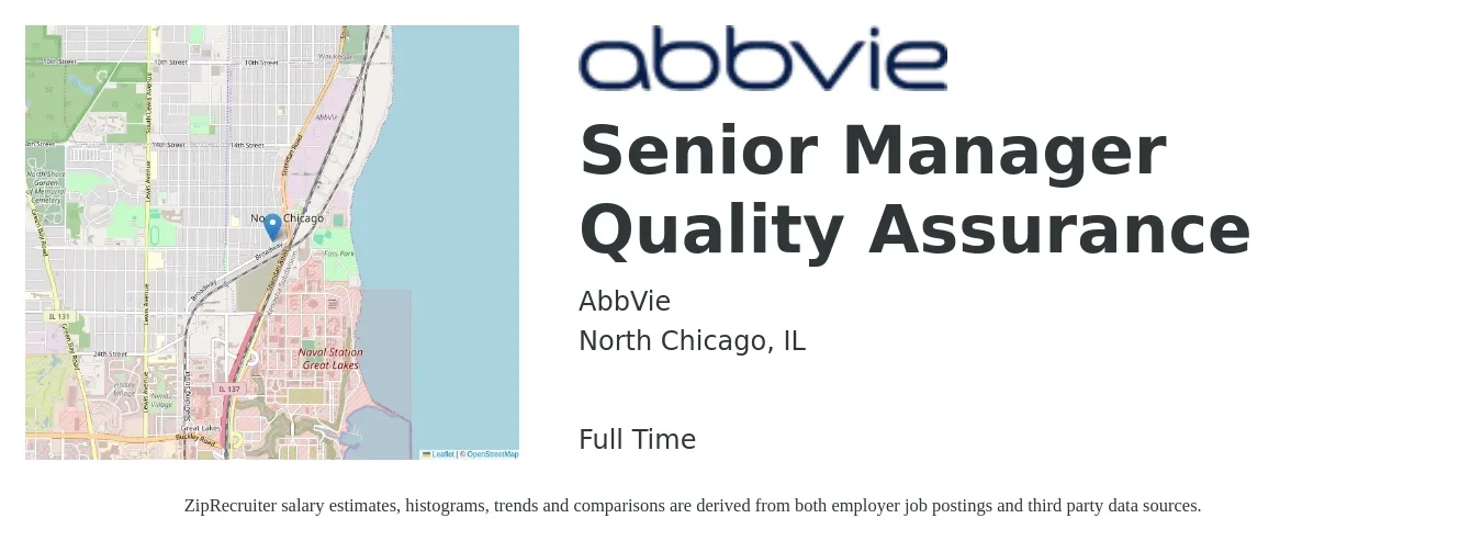 AbbVie job posting for a Senior Manager Quality Assurance in North Chicago, IL with a salary of $89,400 to $136,600 Yearly with a map of North Chicago location.