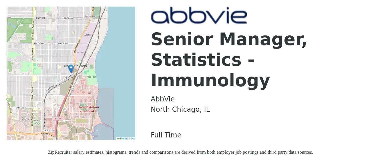 AbbVie job posting for a Senior Manager, Statistics -Immunology in North Chicago, IL with a salary of $83,700 to $102,900 Yearly with a map of North Chicago location.