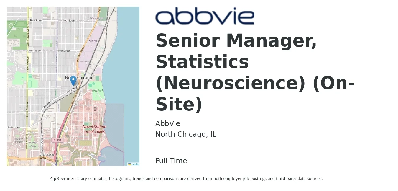 AbbVie job posting for a Senior Manager, Statistics (Neuroscience) (On-Site) in North Chicago, IL with a salary of $77,400 to $144,300 Yearly with a map of North Chicago location.