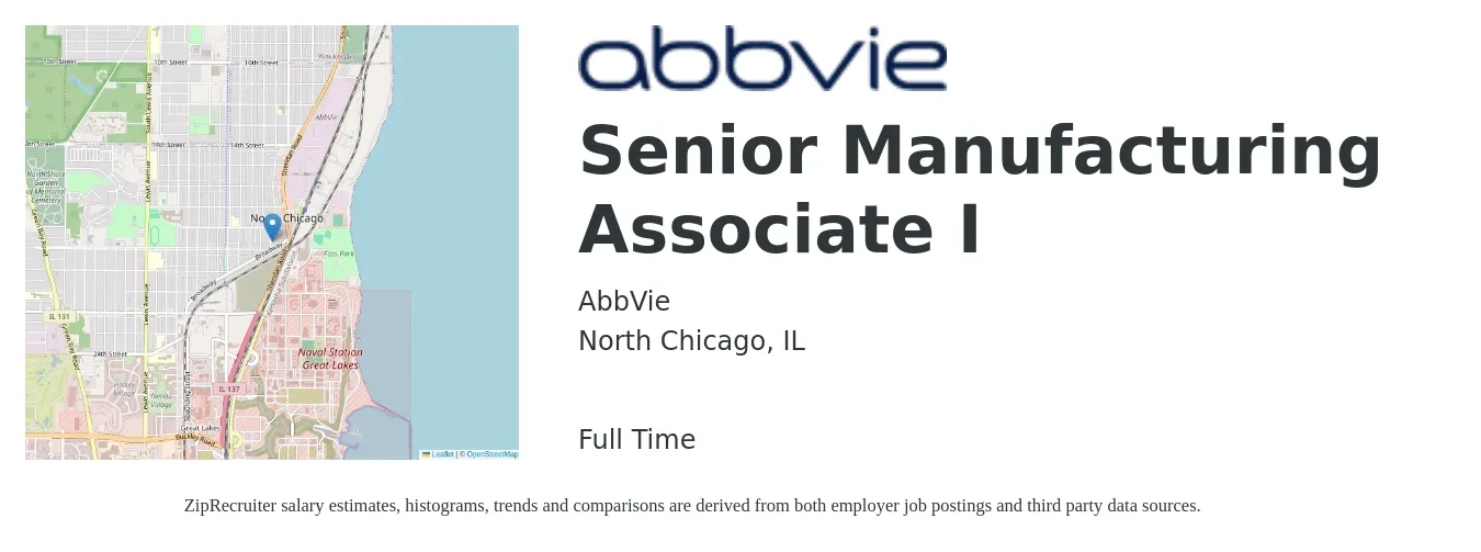 AbbVie job posting for a Senior Manufacturing Associate I in North Chicago, IL with a salary of $42,800 to $91,400 Yearly with a map of North Chicago location.