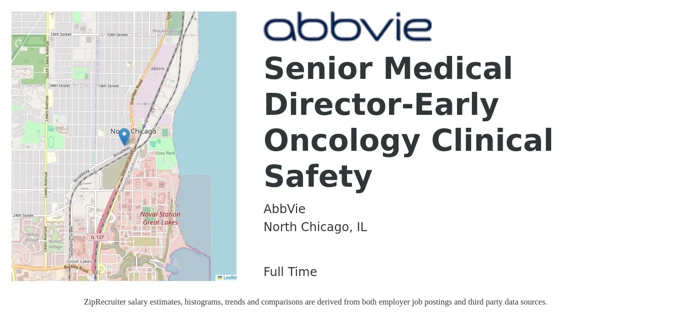 AbbVie job posting for a Senior Medical Director-Early Oncology Clinical Safety in North Chicago, IL with a salary of $97,600 to $154,800 Yearly with a map of North Chicago location.