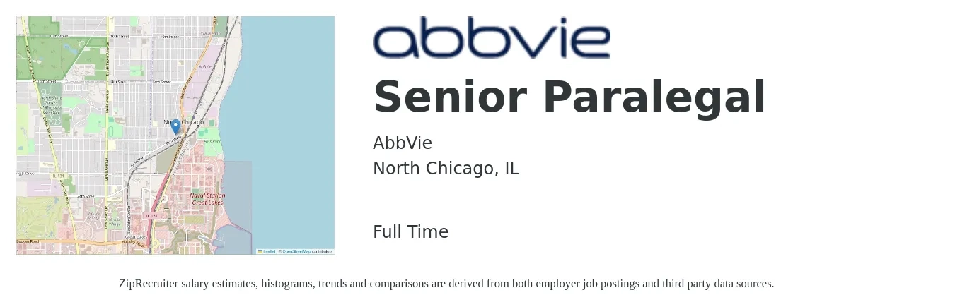 AbbVie job posting for a Senior Paralegal in North Chicago, IL with a salary of $56,300 to $83,200 Yearly with a map of North Chicago location.