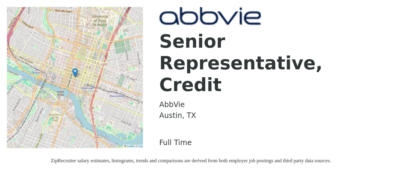 AbbVie job posting for a Senior Representative, Credit in Austin, TX with a salary of $20 to $27 Hourly with a map of Austin location.
