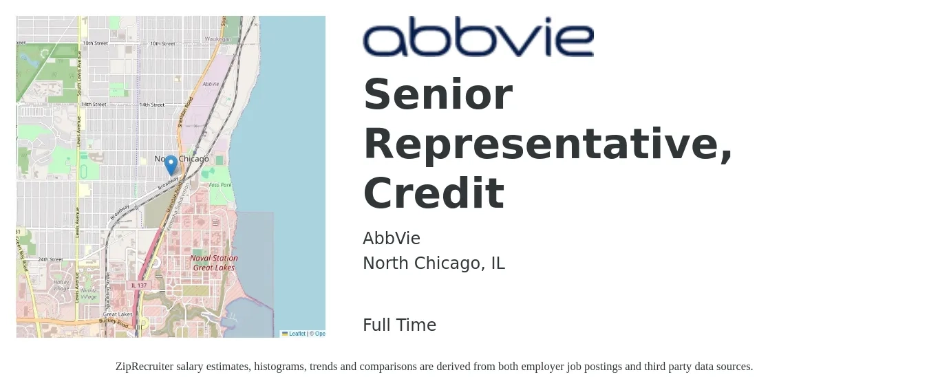 AbbVie job posting for a Senior Representative, Credit in North Chicago, IL with a salary of $19 to $26 Hourly with a map of North Chicago location.
