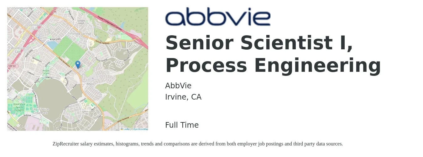 AbbVie job posting for a Senior Scientist I, Process Engineering in Irvine, CA with a salary of $111,600 to $144,400 Yearly with a map of Irvine location.