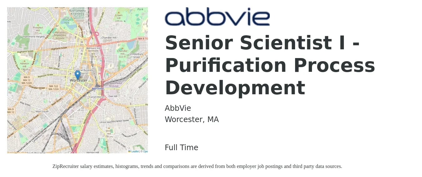 AbbVie job posting for a Senior Scientist I - Purification Process Development in Worcester, MA with a salary of $91,300 to $124,700 Yearly with a map of Worcester location.