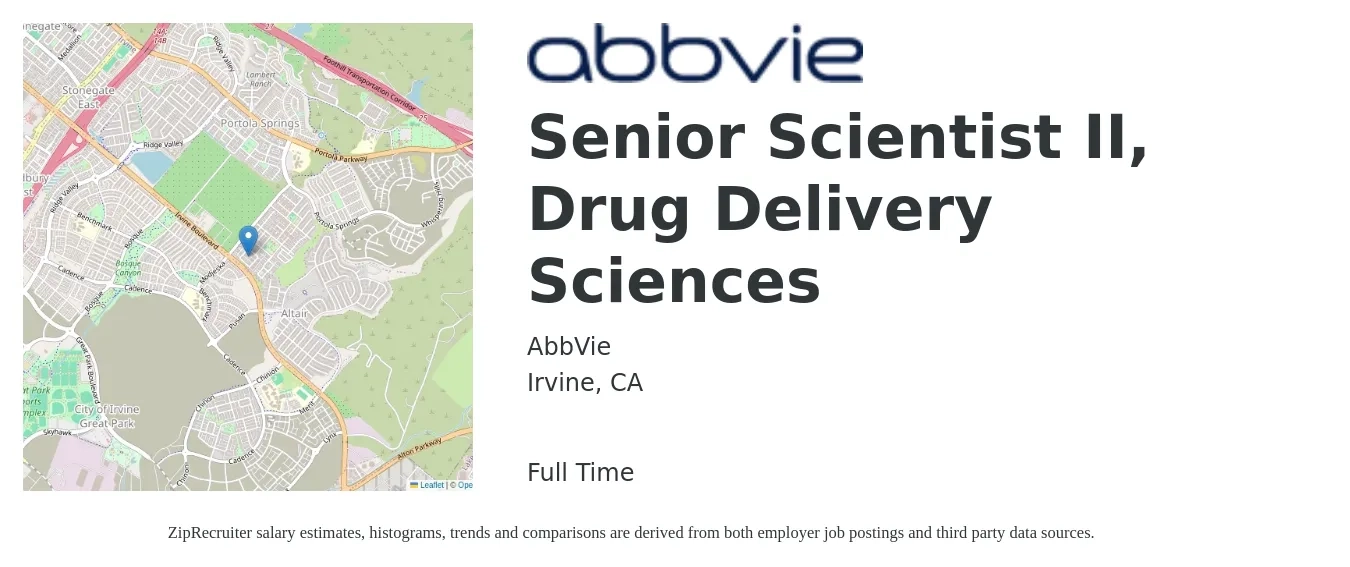 AbbVie job posting for a Senior Scientist II, Drug Delivery Sciences in Irvine, CA with a salary of $98,200 to $134,200 Yearly with a map of Irvine location.