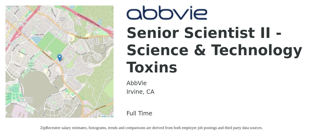 AbbVie job posting for a Senior Scientist II - Science & Technology Toxins in Irvine, CA with a salary of $98,200 to $134,200 Yearly with a map of Irvine location.