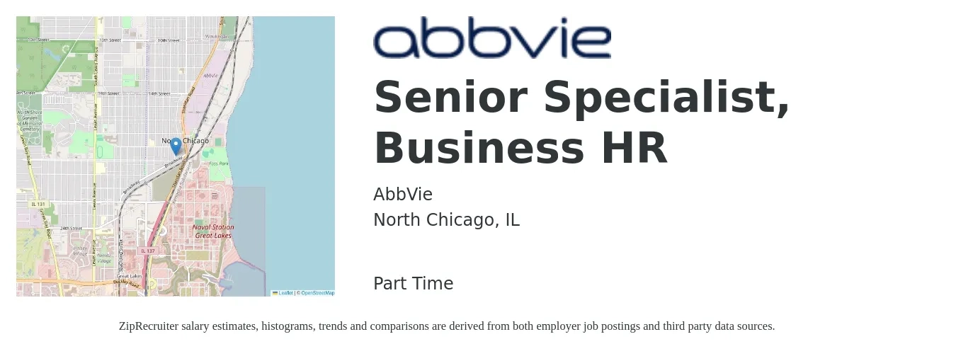 AbbVie job posting for a Senior Specialist, Business HR in North Chicago, IL with a salary of $78,900 to $112,000 Yearly with a map of North Chicago location.