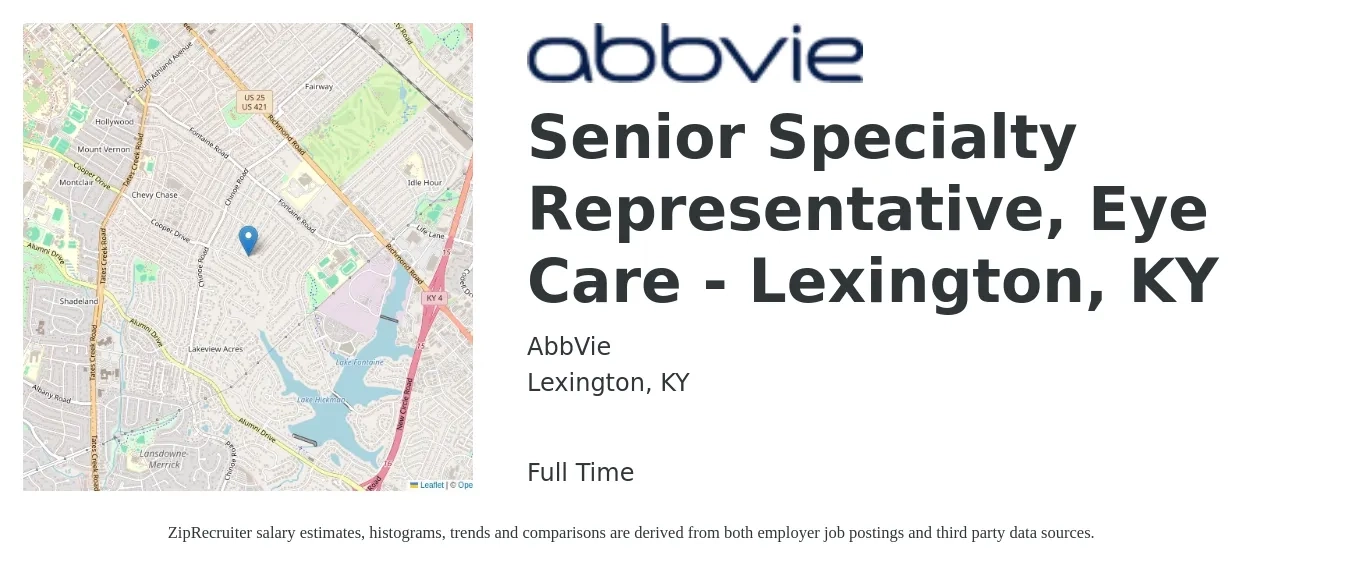 AbbVie job posting for a Senior Specialty Representative, Eye Care - Lexington, KY in Lexington, KY with a salary of $64,600 to $118,800 Yearly with a map of Lexington location.