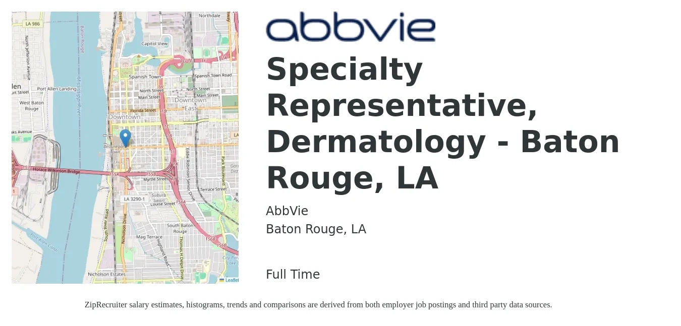 AbbVie job posting for a Specialty Representative, Dermatology - Baton Rouge, LA in Baton Rouge, LA with a salary of $36,000 to $41,300 Yearly with a map of Baton Rouge location.