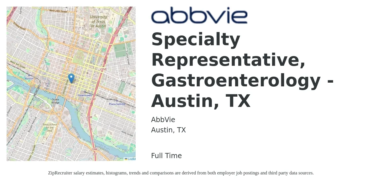 AbbVie job posting for a Specialty Representative, Gastroenterology - Austin, TX in Austin, TX with a salary of $37,200 to $42,600 Yearly with a map of Austin location.
