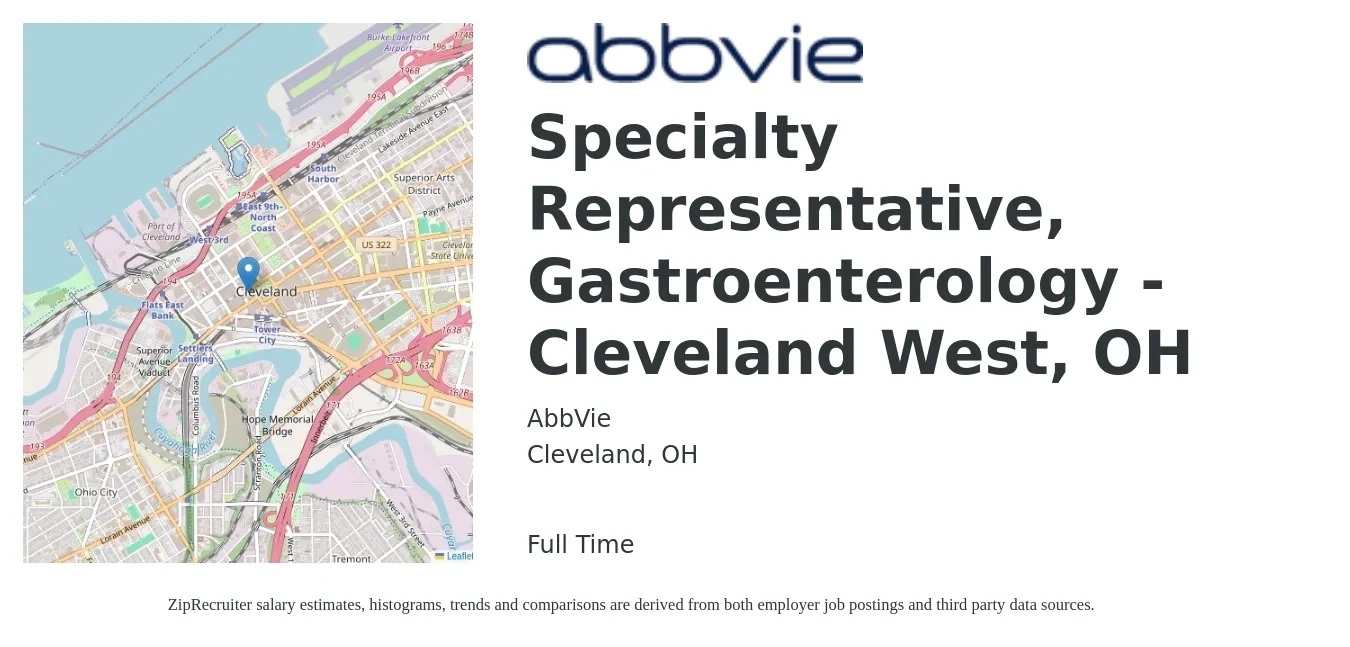 AbbVie job posting for a Specialty Representative, Gastroenterology - Cleveland West, OH in Cleveland, OH with a salary of $194,000 to $290,900 Yearly with a map of Cleveland location.
