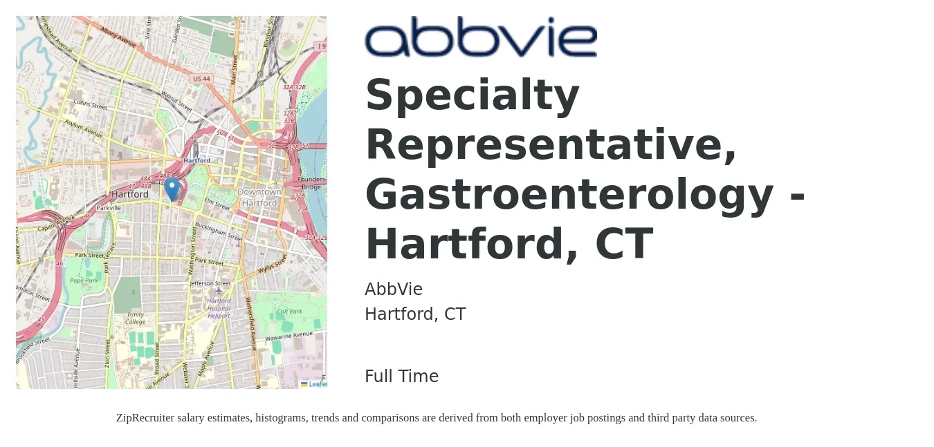 AbbVie job posting for a Specialty Representative, Gastroenterology - Hartford, CT in Hartford, CT with a salary of $41,400 to $55,500 Yearly with a map of Hartford location.