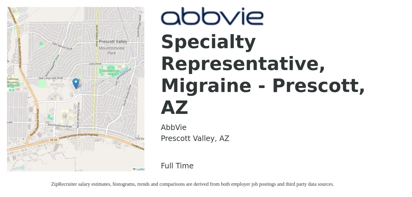 AbbVie job posting for a Specialty Representative, Migraine - Prescott, AZ in Prescott Valley, AZ with a salary of $36,700 to $42,100 Yearly with a map of Prescott Valley location.