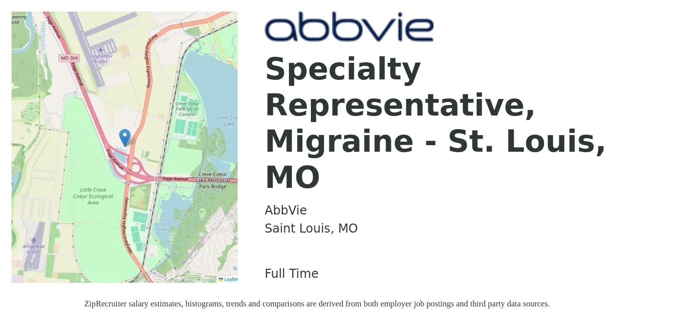 AbbVie job posting for a Specialty Representative, Migraine - St. Louis, MO in Saint Louis, MO with a salary of $42,800 to $79,200 Yearly with a map of Saint Louis location.