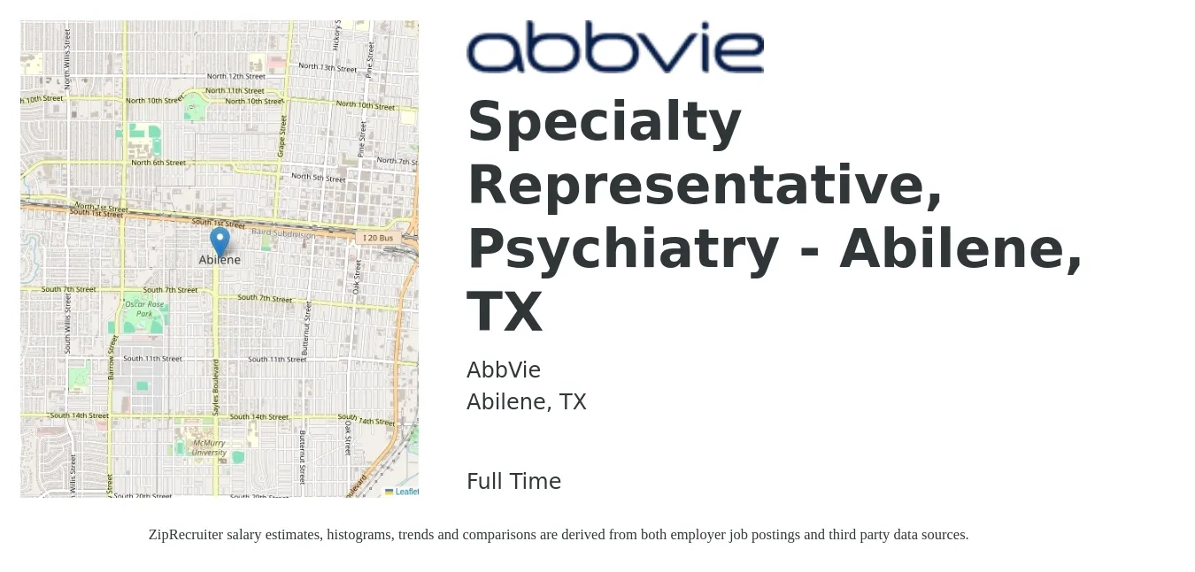 AbbVie job posting for a Specialty Representative, Psychiatry - Abilene, TX in Abilene, TX with a salary of $42,600 to $78,900 Yearly with a map of Abilene location.