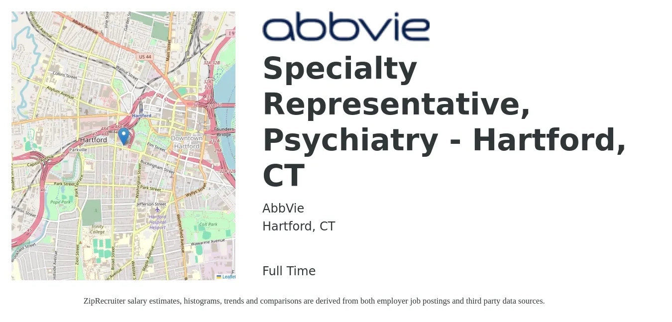 AbbVie job posting for a Specialty Representative, Psychiatry - Hartford, CT in Hartford, CT with a salary of $252,200 to $331,900 Yearly with a map of Hartford location.