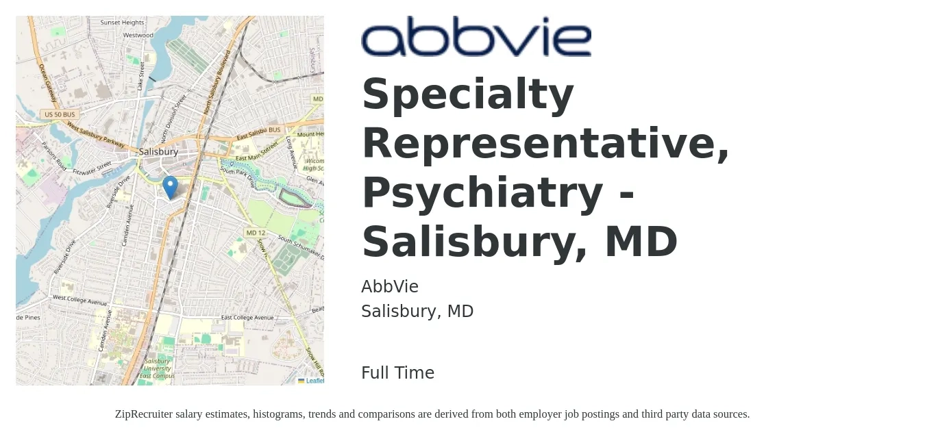 AbbVie job posting for a Specialty Representative, Psychiatry - Salisbury, MD in Salisbury, MD with a salary of $37,000 to $42,500 Yearly with a map of Salisbury location.