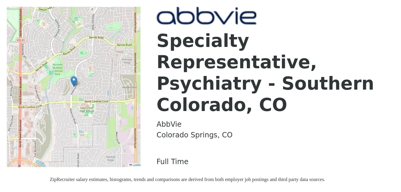 AbbVie job posting for a Specialty Representative, Psychiatry - Southern Colorado, CO in Colorado Springs, CO with a salary of $43,400 to $80,300 Yearly with a map of Colorado Springs location.