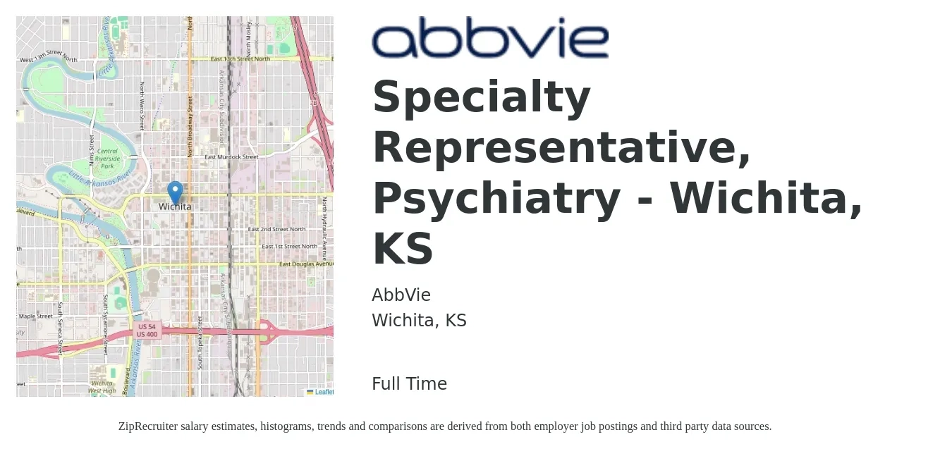 AbbVie job posting for a Specialty Representative, Psychiatry - Wichita, KS in Wichita, KS with a salary of $14 to $20 Hourly with a map of Wichita location.