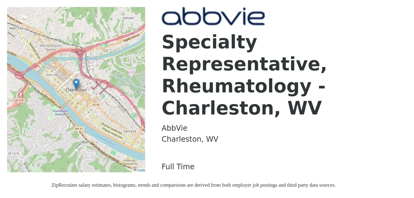 AbbVie job posting for a Specialty Representative, Rheumatology - Charleston, WV in Charleston, WV with a salary of $36,400 to $41,800 Yearly with a map of Charleston location.