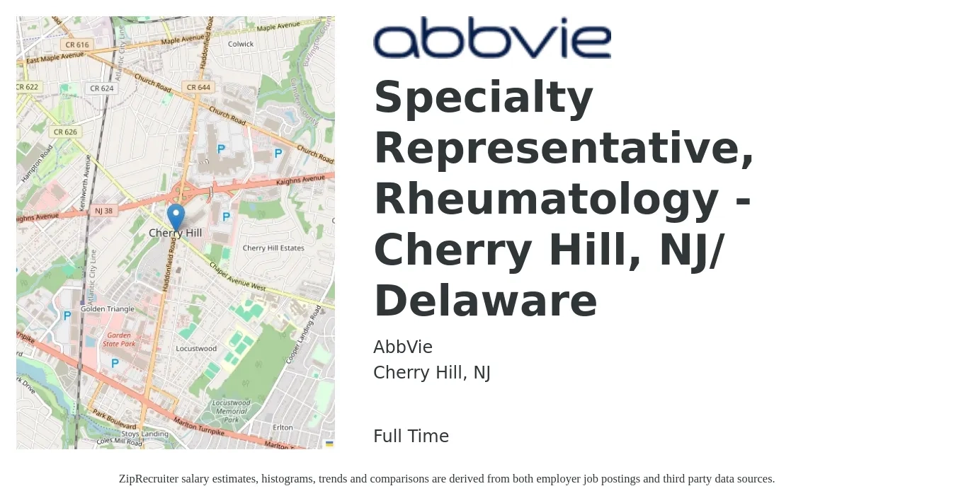AbbVie job posting for a Specialty Representative, Rheumatology - Cherry Hill, NJ/ Delaware in Cherry Hill, NJ with a map of Cherry Hill location.
